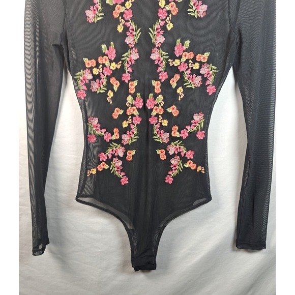 BCBGMAXAZRIA Sheer Embroidered Mesh Bodysuit Red & Black  Floral‎ XS Long Sleeve - Picture 1 of 9